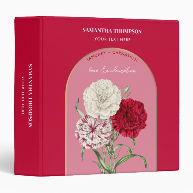 Personalized Birth Flower Month January Carnation  3 Ring Binder (Front/Spine)