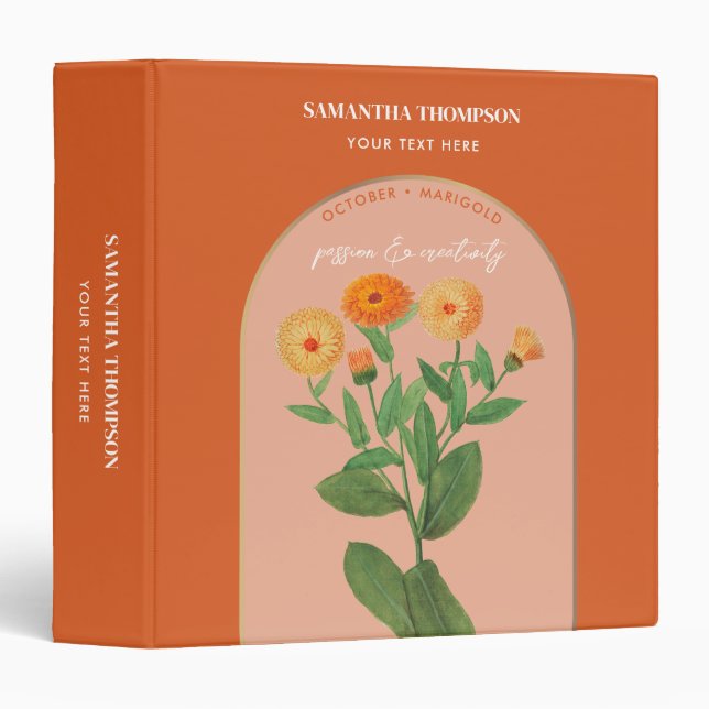 Personalized Birth Flower Month October Marigold 3 Ring Binder (Front/Spine)