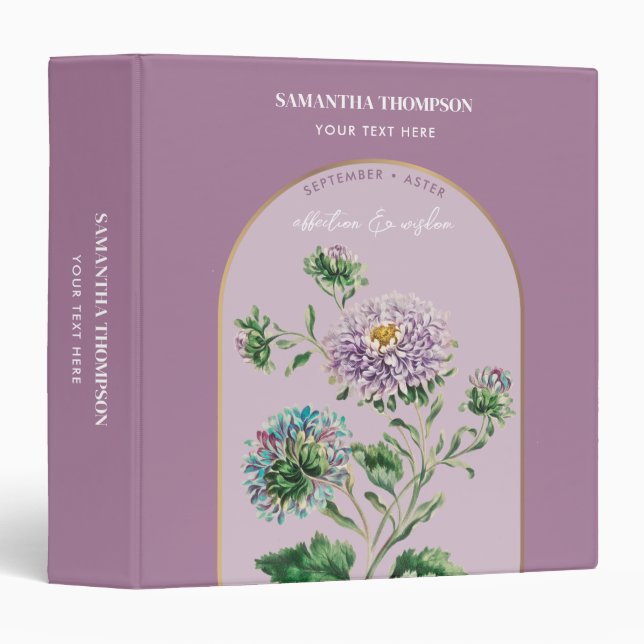 Personalized Birth Flower Month September Aster 3 Ring Binder (Front/Spine)