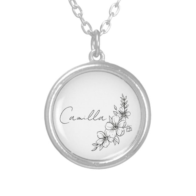 Personalized Birth Flower Necklace with Name, Flor (Front)