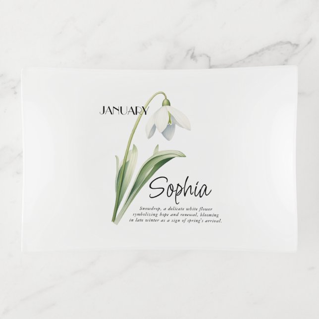 Personalized Birth Flower Trinket Dish, January  Tray (Front)