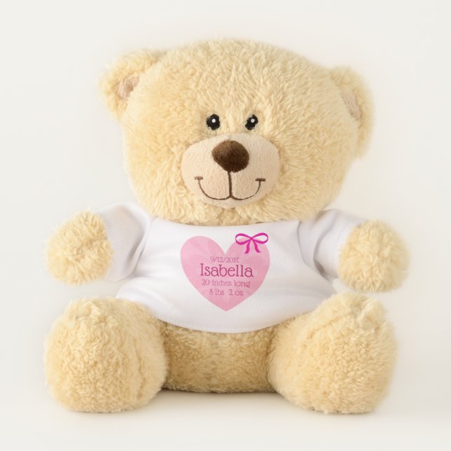 Personalized Birth Info Baby Girl Pink Teddy Bear (Front)
