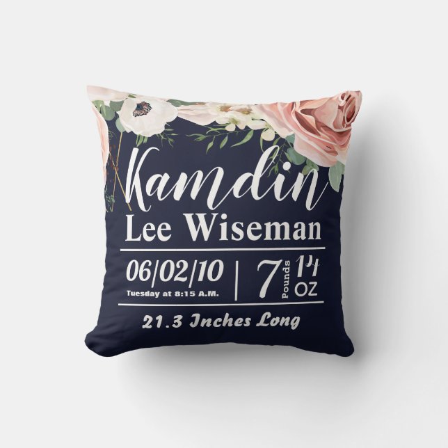 Personalized Birth Pillow Geometric Garden Navy (Front)