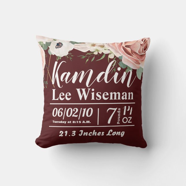 Personalized Birth Pillow Geometric Garden Wine (Front)