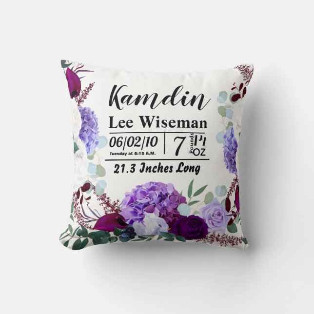 Personalized Birth Pillow Lavender Hibiscus on W (Front)