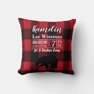 Personalized Birth Pillow Red Buffalo Plaid Bear