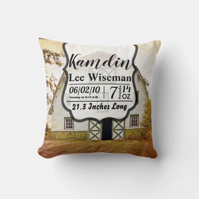 Personalized Birth Pillow Sunset Barn Country Rust (Front)