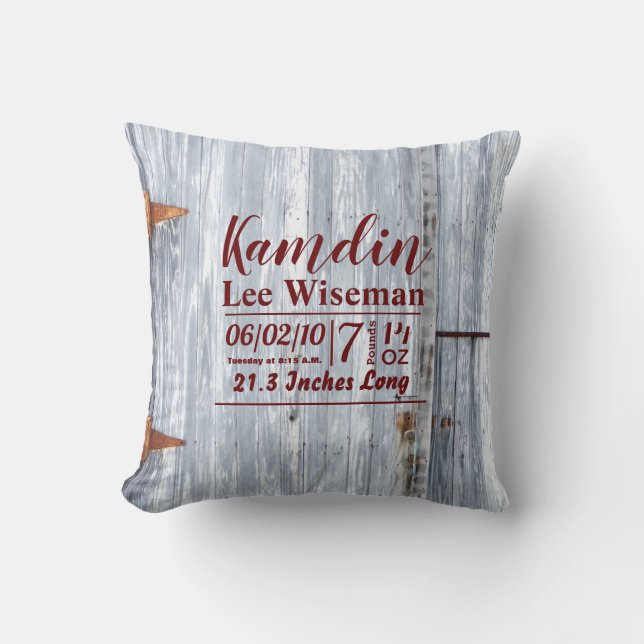 Personalized Birth Pillow White Wash Wood Barn Doo (Front)