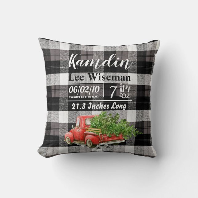 Personalized Birth Pillow XMAS Truck Baffalo Plaid (Front)