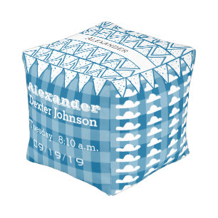 Personalized Birth Record Blue Plaid Cloud Pattern Pouf