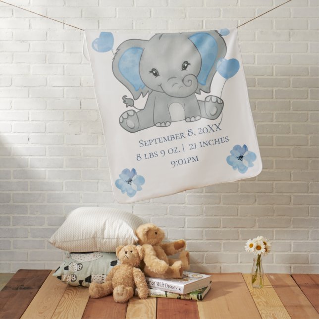 Personalized Birth Stats Baby Elephant Blue Gray   Baby Blanket (In Situ)