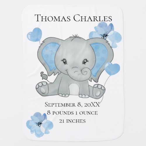 Personalized Birth Stats Baby Elephant Blue Gray  Baby Blanket