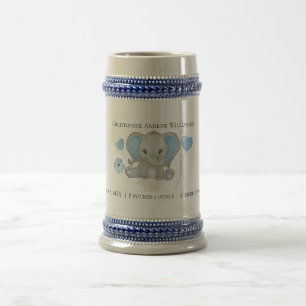 Personalized Birth Stats Baby Elephant Blue Gray Beer Stein