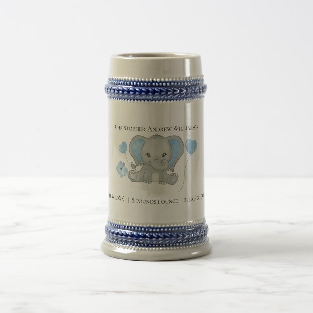 Personalized Birth Stats Baby Elephant Blue Gray  Beer Stein (Center)