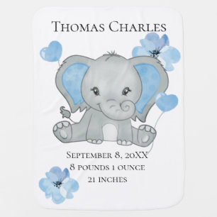 Personalized Birth Stats Baby Elephant Blue Gray  Blanket