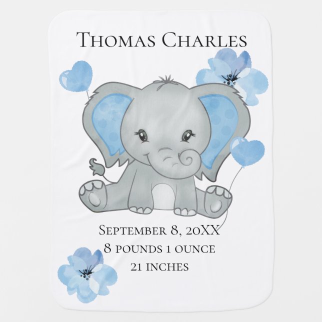 Personalized Birth Stats Baby Elephant Blue Gray  Blanket (Front)