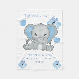Personalized Birth Stats Baby Elephant Blue Gray   Fleece Blanket