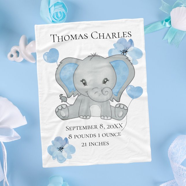 Personalized Birth Stats Baby Elephant Blue Gray  Fleece Blanket (Blue Gray Elephant Baby Boy Birth Stats Baby Blanket, Baby Shower gift Gift for new baby boy)