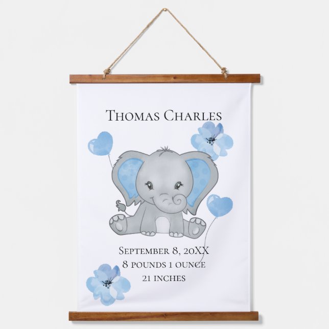 Personalized Birth Stats Baby Elephant Blue Gray   Hanging Tapestry (Front)