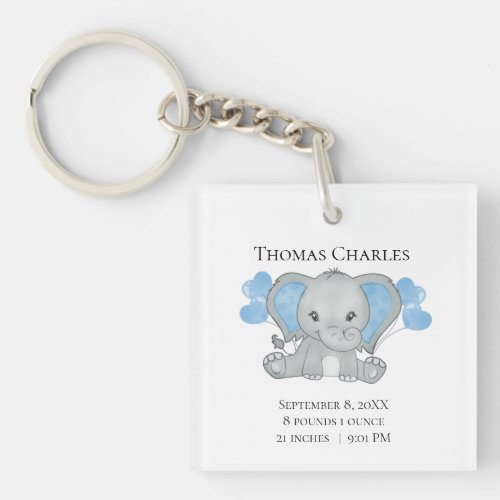 Personalized Birth Stats Baby Elephant Blue Gray  Keychain
