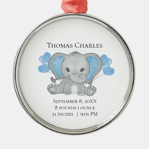 Personalized Birth Stats Baby Elephant Blue Gray Metal Ornament