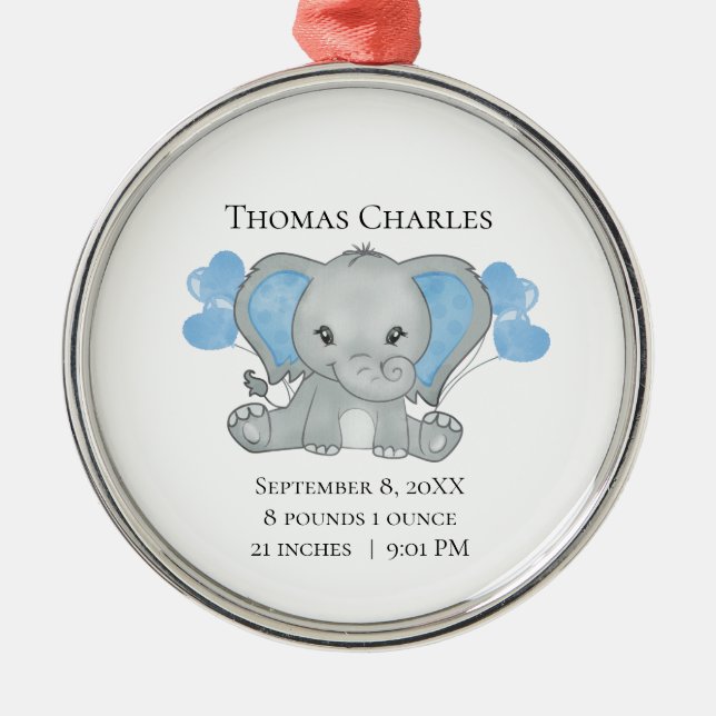 Personalized Birth Stats Baby Elephant Blue Gray Metal Ornament (Front)