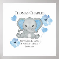 Personalized Birth Stats Baby Elephant Blue Gray Poster