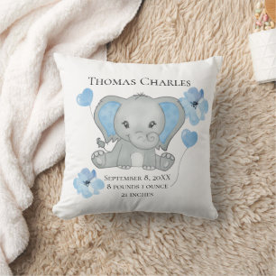 Personalized Birth Stats Baby Elephant Blue Gray Throw Pillow
