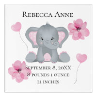 Personalized Birth Stats Baby Elephant Pink Gray  