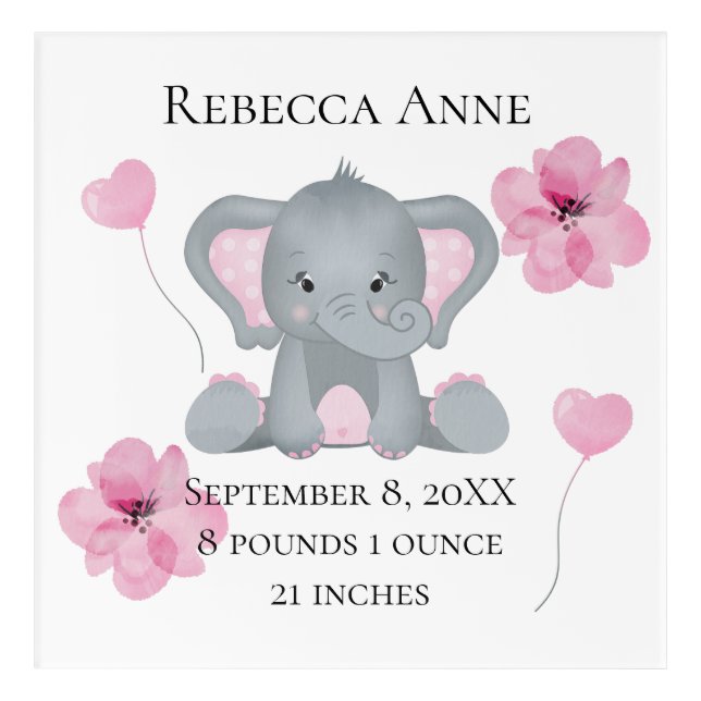 Personalized Birth Stats Baby Elephant Pink Gray   Acrylic Print (Front)