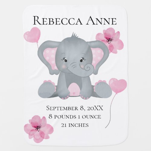 Personalized Birth Stats Baby Elephant Pink Gray   Baby Blanket