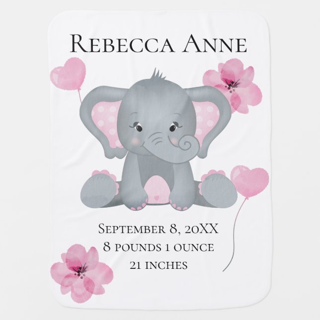 Personalized Birth Stats Baby Elephant Pink Gray   Baby Blanket (Front)