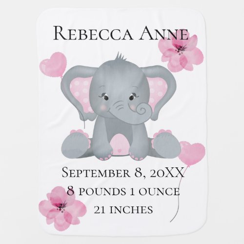 Personalized Birth Stats Baby Elephant Pink Gray  Baby Blanket