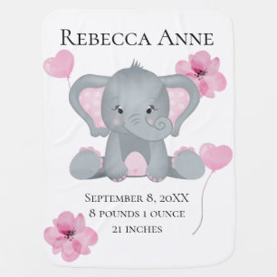 Personalized Birth Stats Baby Elephant Pink Gray   Blanket