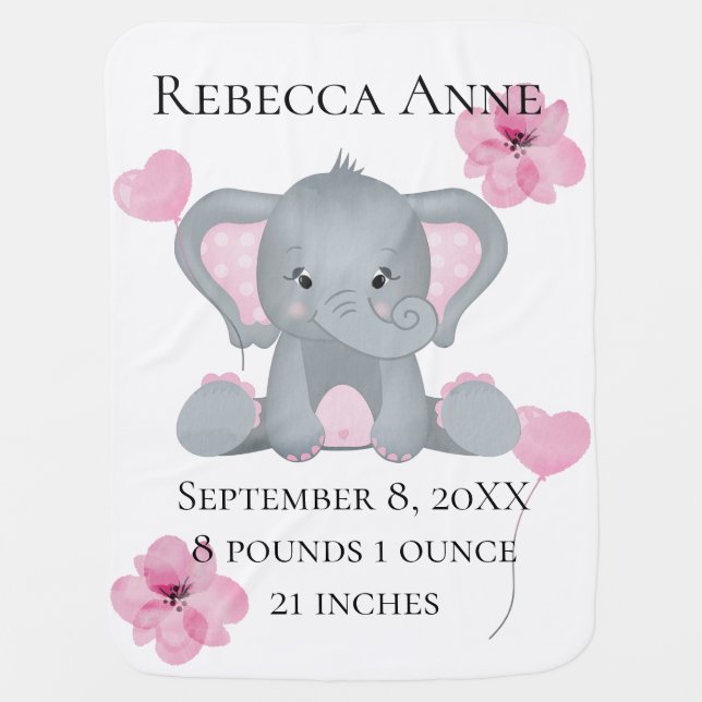 Personalized Birth Stats Baby Elephant Pink Gray  Blanket (Front)