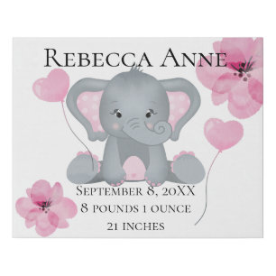 Personalized Birth Stats Baby Elephant Pink Gray Faux Canvas Print