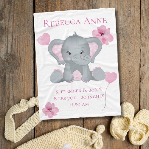 Personalized Birth Stats Baby Elephant Pink Gray   Fleece Blanket