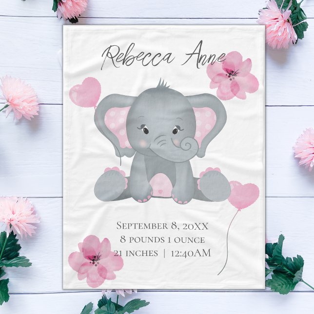 Personalized Birth Stats Baby Elephant Pink Gray   Fleece Blanket (Creator Uploaded)