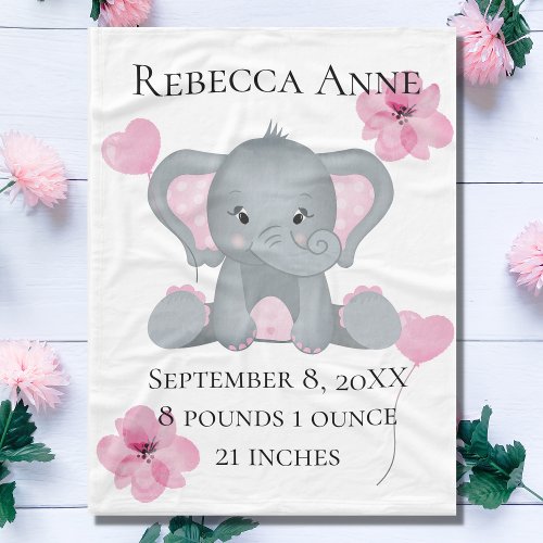 Personalized Birth Stats Baby Elephant Pink Gray  Fleece Blanket