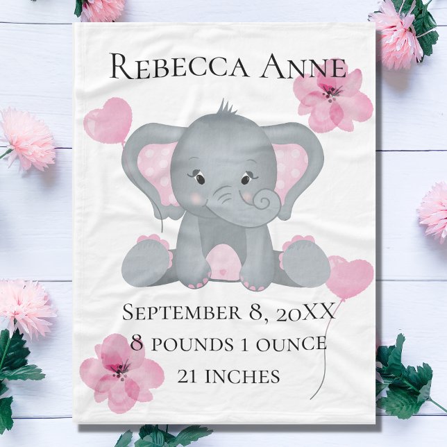 Personalized Birth Stats Baby Elephant Pink Gray  Fleece Blanket (Creator Uploaded)