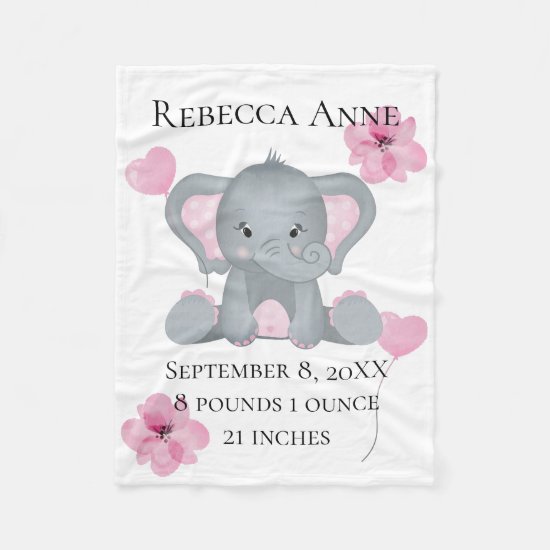 Personalized Birth Stats Baby Elephant Pink Gray  Fleece Blanket