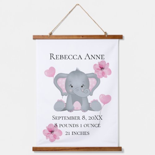 Personalized Birth Stats Baby Elephant Pink Gray  Hanging Tapestry