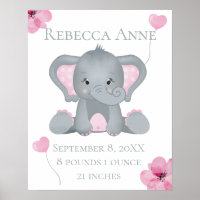 Personalized Birth Stats Baby Elephant Pink Gray Poster