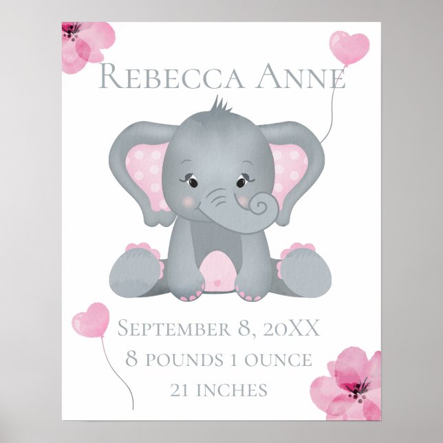 Personalized Birth Stats Baby Elephant Pink Gray Poster (Front)