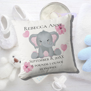 Personalized Birth Stats Baby Elephant Pink Gray  Throw Pillow