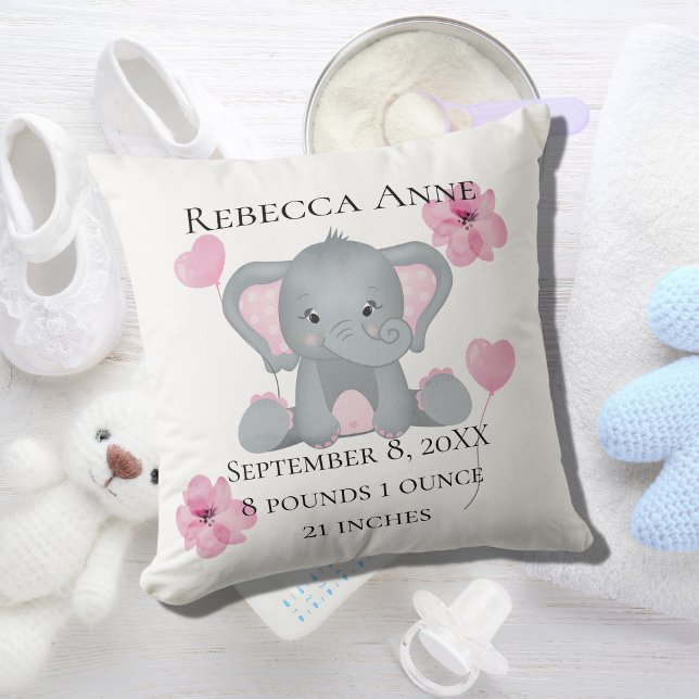 Personalized Birth Stats Baby Elephant Pink Gray  Throw Pillow (Creator Uploaded)