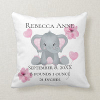 Personalized Birth Stats Baby Elephant Pink Gray  Throw Pillow