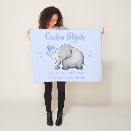 Personalized Birth Stats Baby Elephants Nursery Fleece Blanket