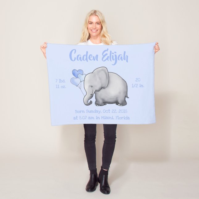 Personalized Birth Stats Baby Elephants Nursery Fleece Blanket (In Situ)