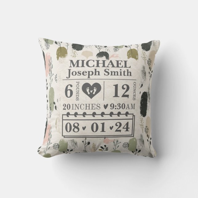 Personalized Birth Stats Boho  Throw Pillow (Front)